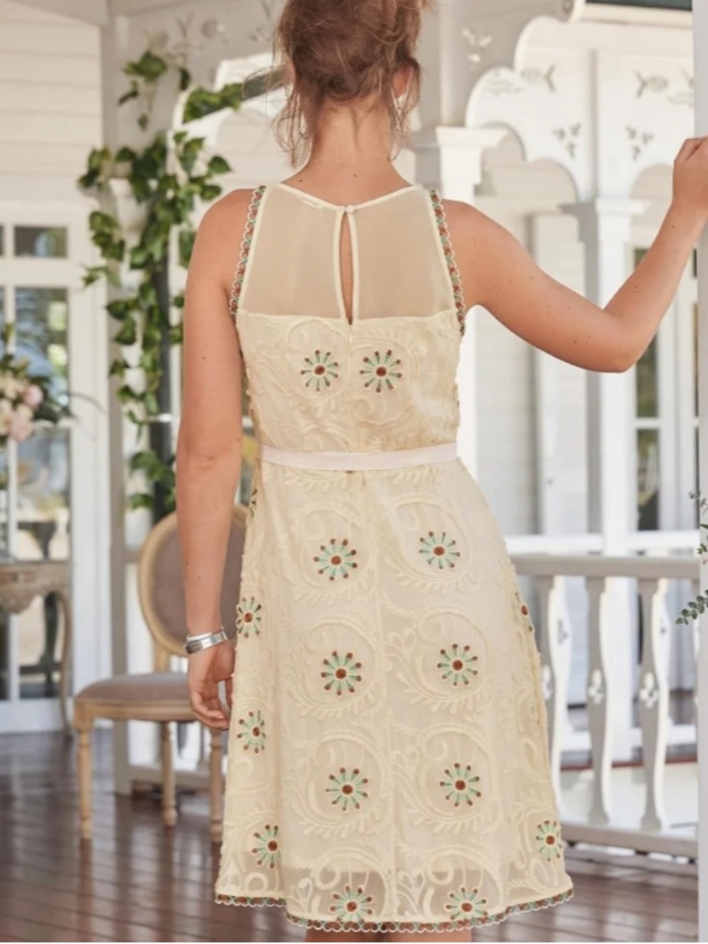 Sundance Cream Embroidered Midi Dress with Ribbon Tie - Picture 2 of 16